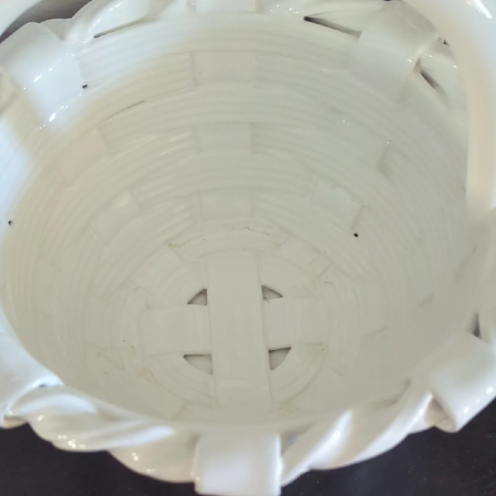 White Ceramic Basket with Handle -